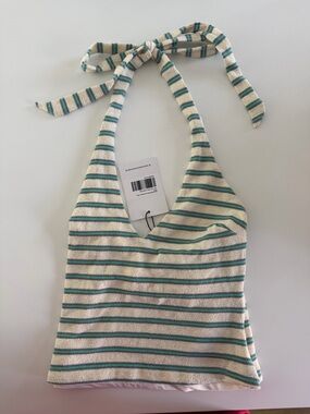 Princess Polly Cream Halter Top with Teal and Gray Stripes